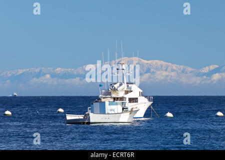 Neve fresca sulle montagne di San Gabriel visto da Avalon, Isola Catalina, California. Foto Stock