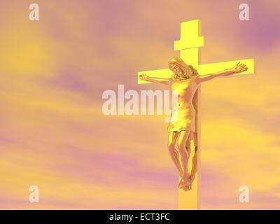 Golden Gesù Cristo in croce nuvoloso cielo arancione sullo sfondo Foto Stock