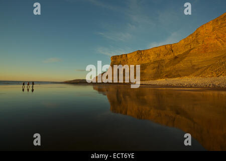 Gli scuotipaglia e il cane a camminare sulla spiaggia vuota durante la serata autunnale, Monknash beach, Patrimonio Costa, Vale of Glamorgan, South Wales, Regno Unito e Unione europea Foto Stock