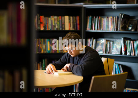 La formazione nella scuola secondaria Wales UK: un ragazzo la lettura di un libro e di lavoro in biblioteca della scuola durante il loro lunchbreak Foto Stock