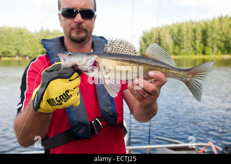 Pescatore, motonave per la pesca, rautavesi lago, vammala zona villaggio, Finlandia, Europa Foto Stock