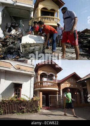 In questa immagine composita è stato effettuato un confronto tra una scena in 2005 (TOP) e 2014 (fondo) ***immagine superiore*** BANDA ACEH, INDONESIA - 6 gennaio: Uomini per eliminare detriti nella parte anteriore del case dopo lo tsunami a Banda Aceh, Indonesia -150 miglia dall Asia meridionale il forte terremoto che ha colpito la epicentro martedì 6 gennaio 2005. Banda Aceh, Indonesia. ***Immagine inferiore*** BANDA ACEH, INDONESIA - 13 dicembre: un uomo cammina fuori di casa sua prima di dieci anni di anniversario del 2004 il terremoto e tsunami del dicembre 13, 2014 a Banda Aceh, Indonesia. Aceh è stata la più colpita la posizione, essendo la più vicina majo Foto Stock