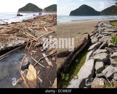 In questa immagine composita è stato effettuato un confronto tra una scena in 2005 (sinistra) e 2014 (a destra) ***immagine sinistra*** LEUPUNG, ACEH, INDONESIA - 8 Gennaio: un corpo si trova in acqua vicino alla spiaggia dopo lo tsunami in Leupung, Aceh, Indonesia -150 miglia dall Asia meridionale il forte terremoto che ha colpito la epicentro martedì 8 gennaio 2005. Salta, Aceh, Indonesia. ***Il diritto di immagine*** LEUPUNG, ACEH, INDONESIA - 13 dicembre: A waterfront scena prima di dieci anni di anniversario del 2004 il terremoto e tsunami del dicembre 13, 2014 in Leupung, Aceh, Indonesia. Aceh è stata la più colpita la posizione, essendo la più vicina Foto Stock