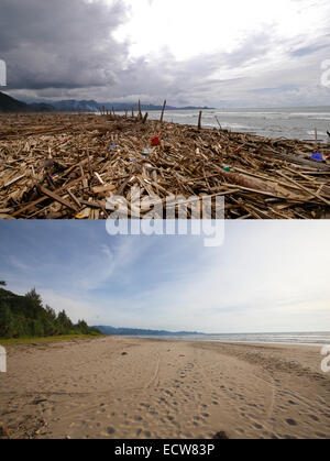 In questa immagine composita è stato effettuato un confronto tra una scena in 2005 (TOP) e 2014 (fondo) ***immagine superiore*** LHOK SADAY, ACEH, INDONESIA - 8 Gennaio: un completamente devastato villaggio dopo lo Tsunami di Lhok Sadey, Aceh, Indonesia -150 miglia dall Asia meridionale il forte terremoto che ha colpito la epicentro martedì 8 gennaio 2005. Lhok Sadey, Aceh, Indonesia. ***Immagine inferiore*** LHOK SADAY, ACEH, INDONESIA - 14 dicembre: un quasi inutilizzato beach prima di dieci anni di anniversario del 2004 il terremoto e tsunami del dicembre 14, 2014 in Lhok Saday, Aceh, Indonesia. Aceh è stata la più colpita la posizione b Foto Stock