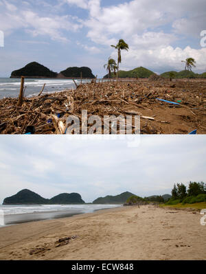 In questa immagine composita è stato effettuato un confronto tra una scena in 2005 (TOP) e 2014 (fondo) ***immagine superiore*** LHOK SADAY, ACEH, INDONESIA - 8 Gennaio: un completamente devastato villaggio dopo lo Tsunami di Lhok Sadey, Aceh, Indonesia -150 miglia dall Asia meridionale il forte terremoto che ha colpito la epicentro martedì 8 gennaio 2005. Lhok Sadey, Aceh, Indonesia. ***Immagine inferiore*** LHOK SADAY, ACEH, INDONESIA - 14 dicembre: un quasi inutilizzato beach prima di dieci anni di anniversario del 2004 il terremoto e tsunami del dicembre 14, 2014 in Lhok Saday, Aceh, Indonesia. Aceh è stata la più colpita la posizione b Foto Stock