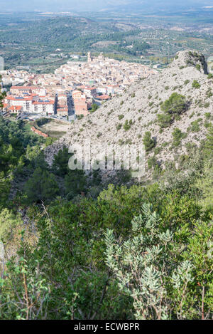 Vista della città di Tivissa da La Llena sentiero escursionistico, Ribera d'Ebre, provincia di Tarragona Catalogna Foto Stock