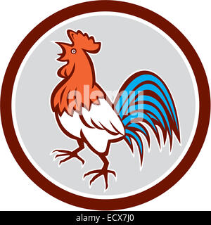 Illustrazione di un pollo rooster incoronazione cercando visto dal lato impostato all'interno del cerchio su sfondo isolato fatto in stile retrò. Foto Stock