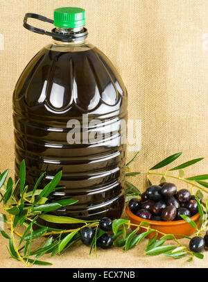 Flacone da 5 litri di olio di oliva con olive fresche e rami con spazio di copia Foto Stock