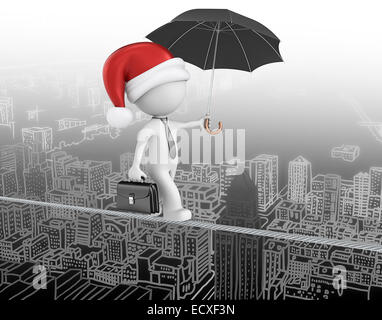 Dude l uomo d affari con santa claus hat. Camminare sul filo sopra la città. Foto Stock