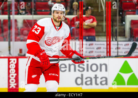 Raleigh, North Carolina, Stati Uniti d'America. Il 7 dicembre, 2014. Ali rosse di Detroit defenceman Brian Lashoff (23) durante il gioco NHL tra le ali rosse di Detroit e Carolina Hurricanes al PNC Arena. Le ali rosse di Detroit ha sconfitto la Carolina Hurricanes 3-1. © Andy Martin Jr./ZUMA filo/Alamy Live News Foto Stock