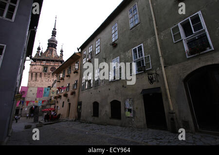 Strada principale di Sighisoara,Romania,la città natale di Vlad Tepes III,Dracula Foto Stock