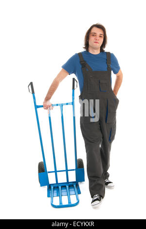 Lavoratore con mano Vuota carrello isolate su sfondo bianco Foto Stock