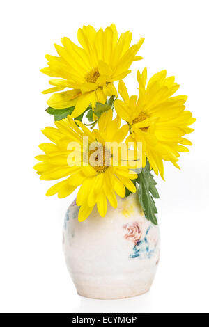 Giallo mamme come i fiori recisi in un piccolo vaso in ceramica. Foto Stock