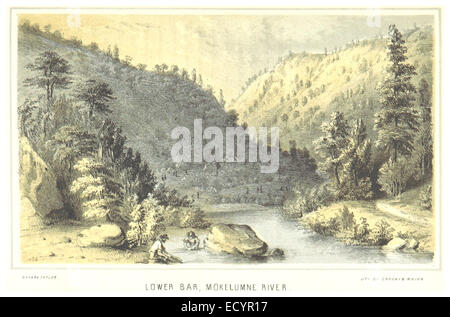 Un'illustrazione del 1850 della regione di Lower Bar lungo il fiume Mokelumne, in California, evidenziando il suo ruolo nell'era della corsa all'oro, con particolare attenzione alla geografia del fiume e al paesaggio circostante. Foto Stock