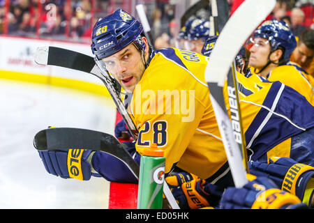 Dicembre 2, 2014 - Raleigh, North Carolina, Stati Uniti - Nashville Predators centro Paul Gaustad (28) durante il gioco NHL tra il Nashville Predators e Carolina Hurricanes al PNC Arena. Carolina Hurricanes sconfitto il Nashville Predators 2-1. (Credito Immagine: © Andy Martin Jr./ZUMA filo) Foto Stock