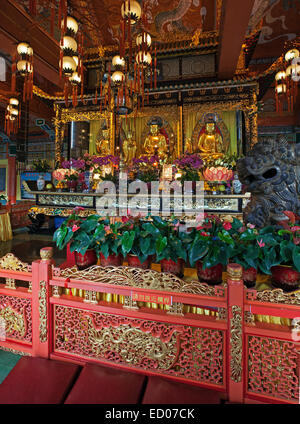 Il Monastero Po Lin sull'Isola di Lantau, Hong Kong, mostra interni e tre statue in bronzo di Buddha. Foto Stock