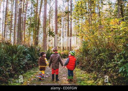 Tre bambini che vanno per una passeggiata nella foresta, Stati Uniti Foto Stock