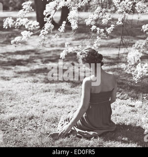 Vista posteriore del giovane donna seduta su erba Foto Stock