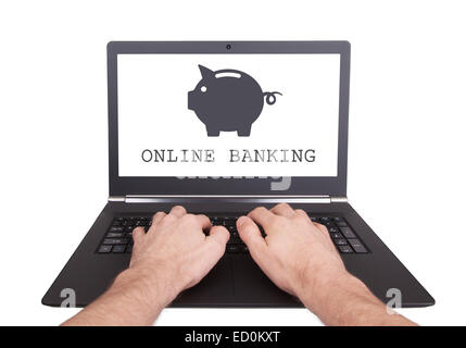 Uomo al lavoro su laptop, online banking, isolato Foto Stock