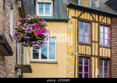 Strade strette con mezza-edificio con travi di legno e gerani appesi cestello, Domfront, Normandia Francia Foto Stock