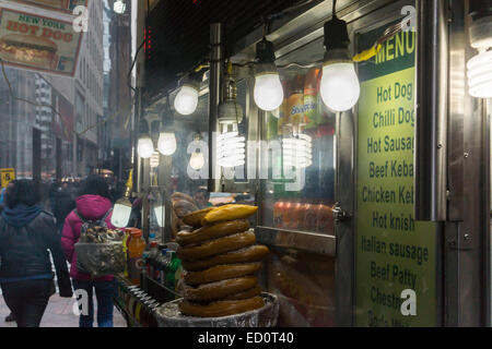 Un hot dog vendor in New York utilizza una combinazione di efficienza energetica CFL e lampadine a LED per illuminare il suo carrello, visto su Domenica, 21 dicembre 2014. (© Richard B. Levine) Foto Stock