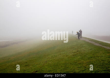 Persone su una protezione del litorale dike, in inverno, nebbia, isola del Mare del Nord Spiekeroog, Bassa Sassonia, Germania, Europa Foto Stock