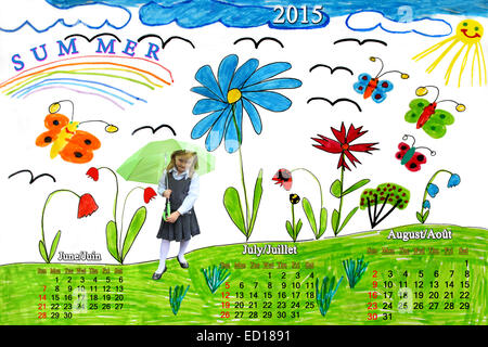 Disegno multicolori con farfalle e fiori e schoolgirl con calendario estate Foto Stock