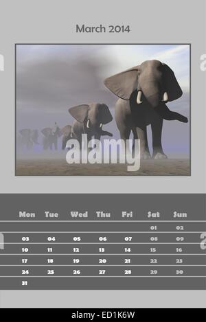 Colorato calendario inglese per marzo 2014 - elefanti in una fila da nebbioso giorno, 3D render Foto Stock