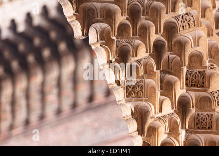 I dettagli. Calligraphy Stucco e lavoro di piastrelle, Bou Inania Medersa, del secolo XIV, Madrasa Bou Inania. Medina. Fez. Il Marocco. A nord di AFR Foto Stock