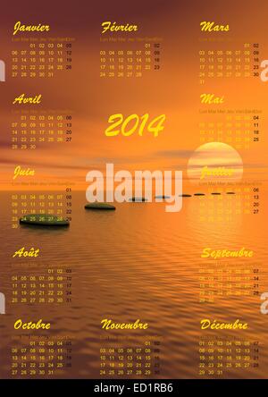 2014 Calendario e pietre grigie passi su ocean andando al sole dal tramonto in background Foto Stock