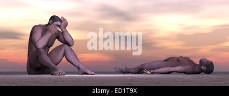 Maschio di Homo Erectus che soffrono dolore e tristezza a causa di morte femminile nel deserto Foto Stock