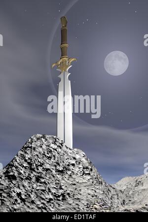 Magic Sword bloccato nella roccia dal grigio notte con la luna piena Foto Stock