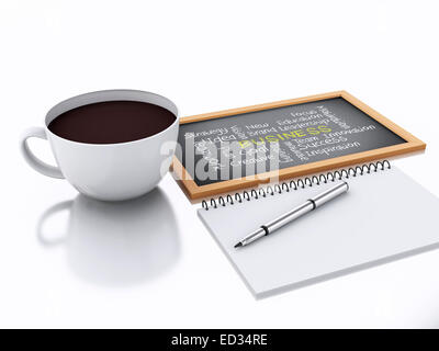 3D renderer illustrazione. notepad e tazza di caffè. concetto Workplace su sfondo bianco Foto Stock