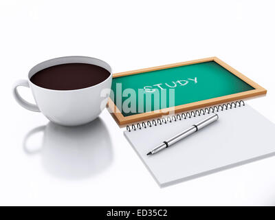 3D renderer illustrazione. notepad e tazza di caffè. studio concetto. isolato su sfondo bianco Foto Stock