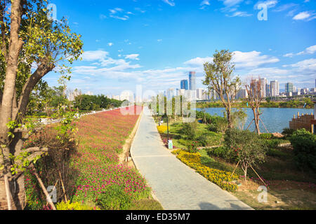 Vicolo della città con fiori e lanterne dal paesaggio urbano in background Foto Stock