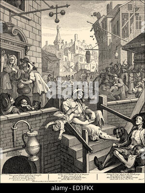 Il Gin Lane o di liquore vicolo, una caricatura, da William Hogarth, 1697 - 1764 Foto Stock