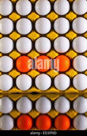 Bianco e arancione palline da golf nel foglio di carta cartone per uova Foto Stock