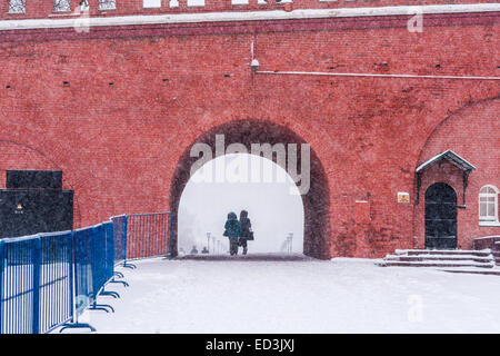 Mosca, Russia. 25 dicembre, 2014. Meteo: Heavy snowstorm oggi a Mosca. Freddo e ventoso giorno, bassa temperatura fino a -8C (-22F) e neve pesante. La prima tempesta di neve nella stagione dopo un mese di caligine e sporcizia. Stagione invernale infine arrivò al potere alla vigilia del nuovo anno e del Natale ortodosso vacanze. Unidentified donne andare alla tomaia Alexander giardino sotto il ponte. Credito: Alex Immagini/Alamy Live News Foto Stock