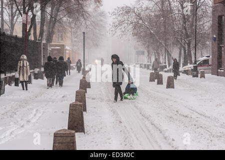 Mosca, Russia. 25 dicembre, 2014. Meteo: Heavy snowstorm oggi a Mosca. Freddo e ventoso giorno, bassa temperatura fino a -8C (-22F) e neve pesante. La prima tempesta di neve nella stagione dopo un mese di caligine e sporcizia. Stagione invernale infine arrivò al potere alla vigilia del nuovo anno e del Natale ortodosso vacanze. La stagione della slitta è stata aperta oggi tanto per la gioia di tutti. Credito: Alex Immagini/Alamy Live News Foto Stock