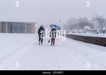 Mosca, Russia. 25 dicembre, 2014. Meteo: Heavy snowstorm oggi a Mosca. Freddo e ventoso giorno, bassa temperatura fino a -8C (-22F) e neve pesante. La prima tempesta di neve nella stagione dopo un mese di caligine e sporcizia. Stagione invernale infine arrivò al potere alla vigilia del nuovo anno e del Natale ortodosso vacanze. Unidentified, irriconoscibile femmina di pedoni nel parco Museon delle arti di Mosca. Credito: Alex Immagini/Alamy Live News Foto Stock