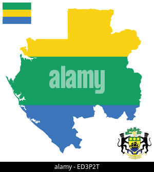 Bandiera e stemma nazionale della Repubblica del Gabon sovrapposto su dettagliata mappa di contorno Foto Stock