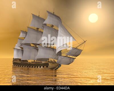 Bella e antica nave mercantile galleggianti su acqua tranquilla tramonto Foto Stock