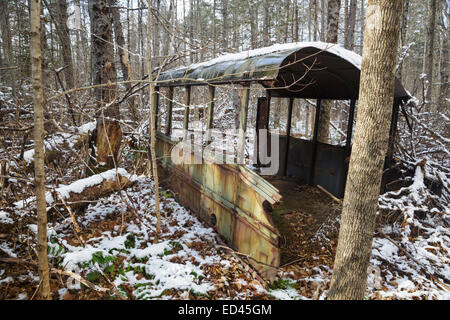 Bus abbandonato nella foresta di Hastings, Maine durante i mesi autunnali. Questa zona era parte del fiume selvaggio Railroad, che wa Foto Stock