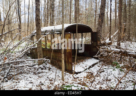 Bus abbandonato nella foresta di Hastings, Maine durante i mesi autunnali. Questa zona era parte del fiume selvaggio Railroad, che wa Foto Stock