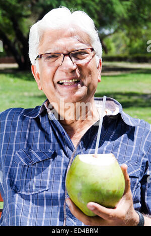 Indian uomo vecchio parco godere di bere il cocco Foto Stock