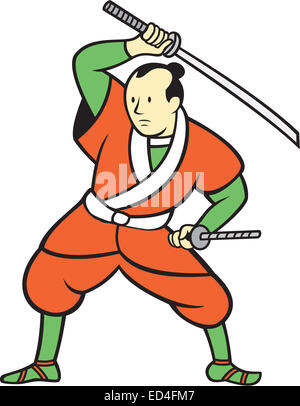 Illustrazione di un Samurai Warrior in piedi a colpi di spada katana guardando al lato impostato su isolato sfondo bianco fatto in stile cartoon. Foto Stock
