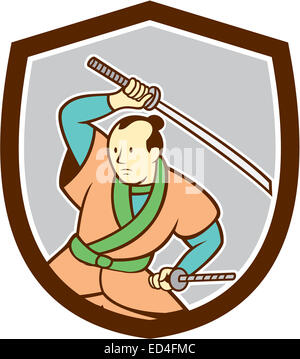 Illustrazione di un Samurai Warrior dimaneggio spada katana guardando al lato impostato all'interno della protezione cresta su sfondo isolato fatto Foto Stock