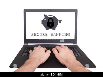 Uomo al lavoro su laptop, secure banking, isolato Foto Stock