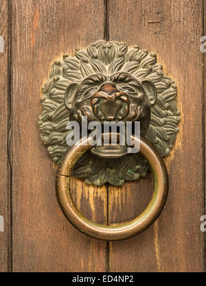Testa leone respingente sulla porta di ingresso di St Jacob monastero nella città medievale di Ratisbona, Baviera, Germania Foto Stock