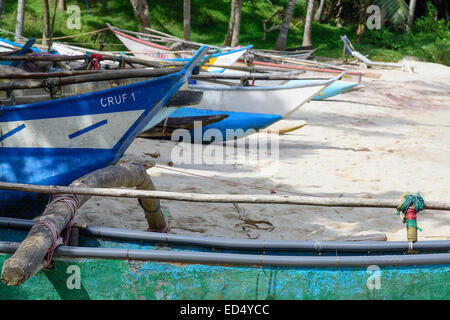 Il governo dello Sri Lanka tradizionali barche da pesca sulla spiaggia sabbiosa di Tangalle, sud della provincia, Sri Lanka, in Asia. Foto Stock